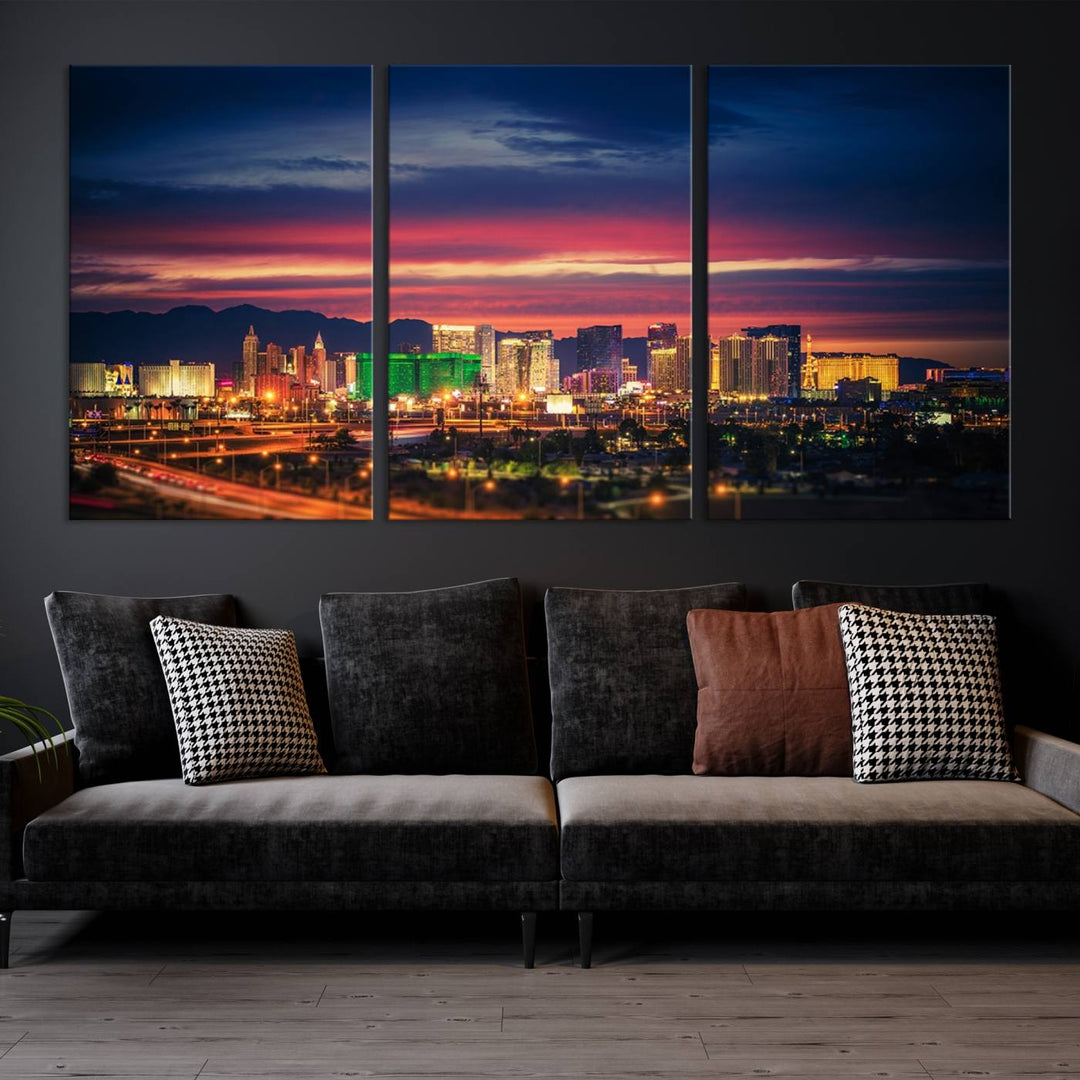 The living room is adorned with the Las Vegas Wall Art Canvas Print, a triptych showcasing a cityscape at sunset. This piece is crafted on museum-quality canvas and protected by a UV-coated finish, highlighting the craftsmanship of a skilled professional.