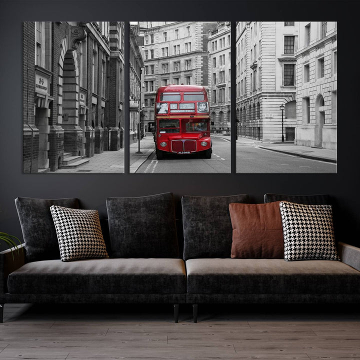 The living room features museum-quality London Red Bus Wall Art, showcasing a split canvas print of a red bus on a black and white city street. This artwork is ready to hang and includes a UV-protective coating to ensure long-lasting vibrance.