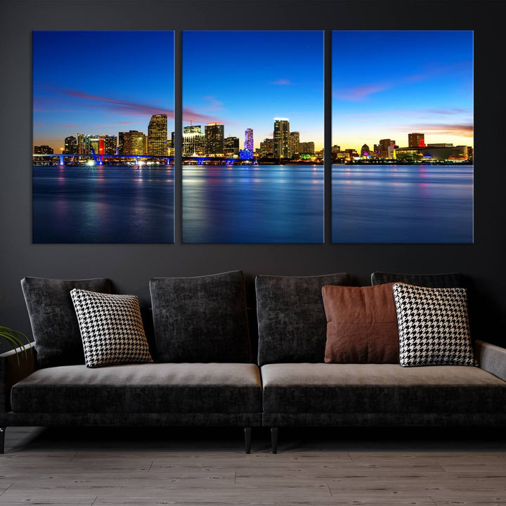 The living room features a Miami City Wall Art Canvas Print—a gallery-wrapped triptych displaying a city skyline at dusk, adding museum-quality elegance to the space.