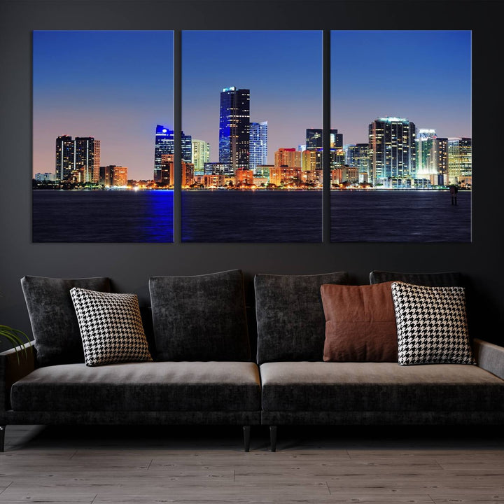 Miami City wall art canvas print showcasing a city skyline at dusk. Crafted on museum-quality canvas and designed to be ready to hang, it offers effortless elegance for your interior decor.