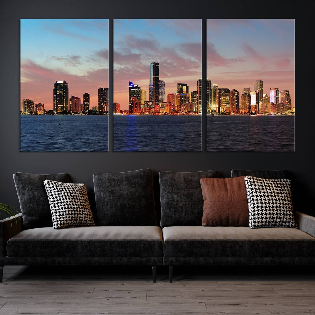 The Wall Art MIAMI Canvas Print emphasizes a vibrant cityscape at sunset. This artwork is presented on museum-quality canvas with gallery-wrapped edges, ensuring it stands out while maintaining its pristine condition for years to come.