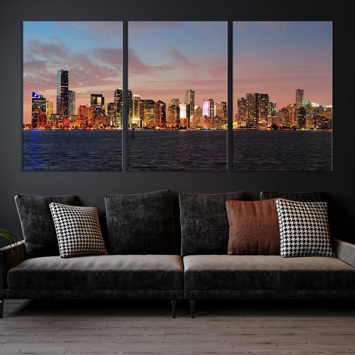 The living room features a gallery-wrapped triptych of the Miami City Wall Art Canvas Print above the sofa.