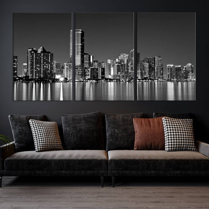 The Miami City Wall Art Canvas Print, a stunning triptych of the Miami skyline, elegantly hangs in this modern living room.