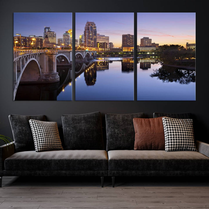 Display the Minneapolis Wall Art Canvas Print, featuring the Minnesota cityscape at dusk, on gallery-wrapped, museum-quality canvas.