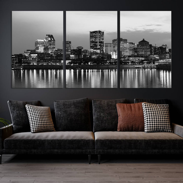 The "Montreal Canada City Wall Art," a black and white triptych of a city skyline at night, elegantly captures the reflections in water.