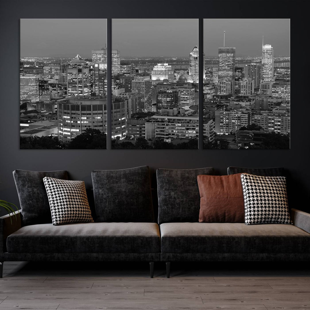 The gallery-wrapped, museum-quality canvas print features the Montreal Canada City Wall Art, showcasing a cityscape at night in black and white.