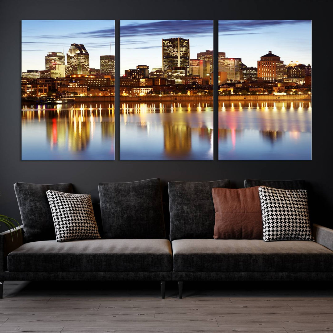 A Montreal Canada City Wall Art Canvas Print, depicting the cityscape at dusk and reflecting in calm waters, is crafted with museum-quality canvases and a UV-protective coating. This remarkable piece guarantees vibrant colors that remain stunning and ready to hang for years to come.