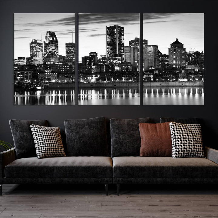 The contemporary living room features the Montreal Canada City Wall Art Canvas Print, an elegantly gallery-wrapped triptych on museum-quality canvas, prominently hung above.