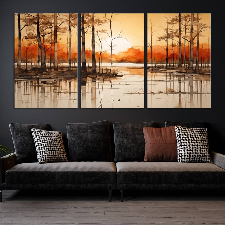 An Abstract Watercolor Trees and Sunset on Lake Wall Art Canvas Print, created on museum-quality canvas.