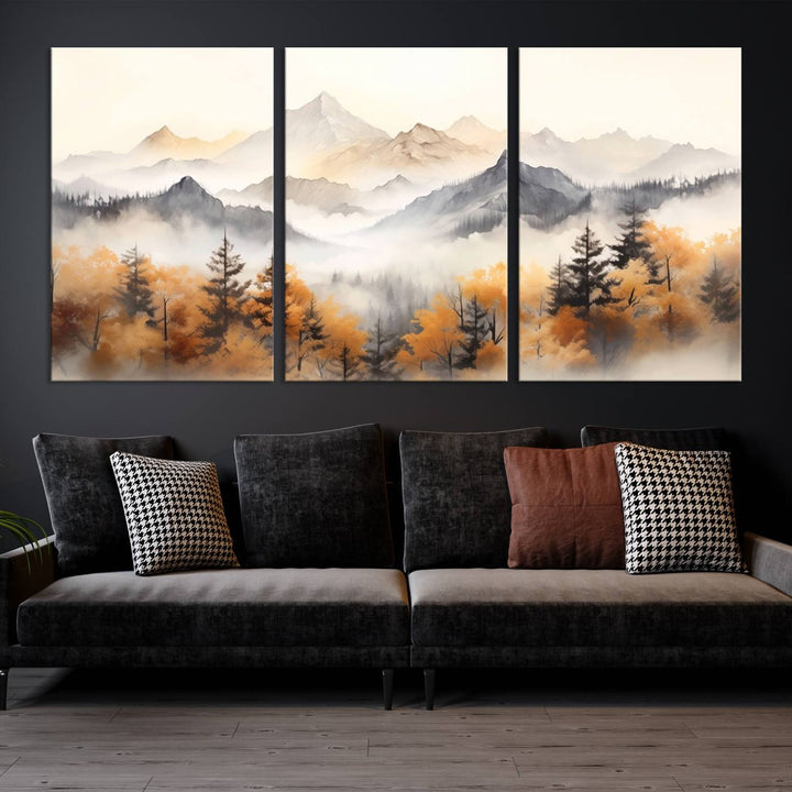 Art mural abstrait aquarelle montagnes et arbres automne