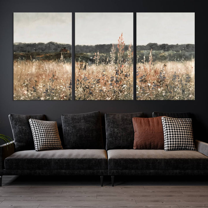 Abstract Wildflower Field Landscape Oil Painting Print, Country Field Wall Art - Framed Ready to Hang