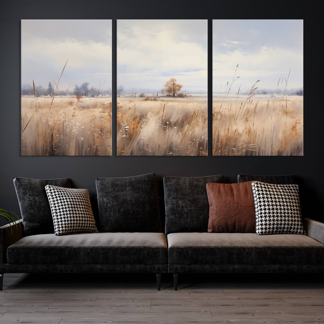 The modern living room features the Golden Fields Canvas Wall Art Print – Serene Landscape of Nature’s Tranquility in Minimalist for Farmhouse Decor, showcasing serene golden fields that enhance the calming ambiance.