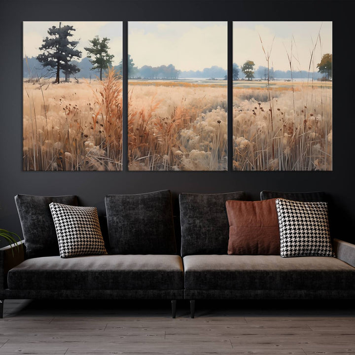 The Golden Fields Canvas Wall Art Print, a serene depiction of nature's tranquility in minimalist modern decor style, graces the wall with its calming presence.