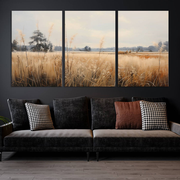 A Wildflower Field Landscape Oil Painting, showcasing a vintage art print of a serene field with tall grasses and distant trees, is beautifully presented on museum-quality canvases with gallery-wrapped edges.