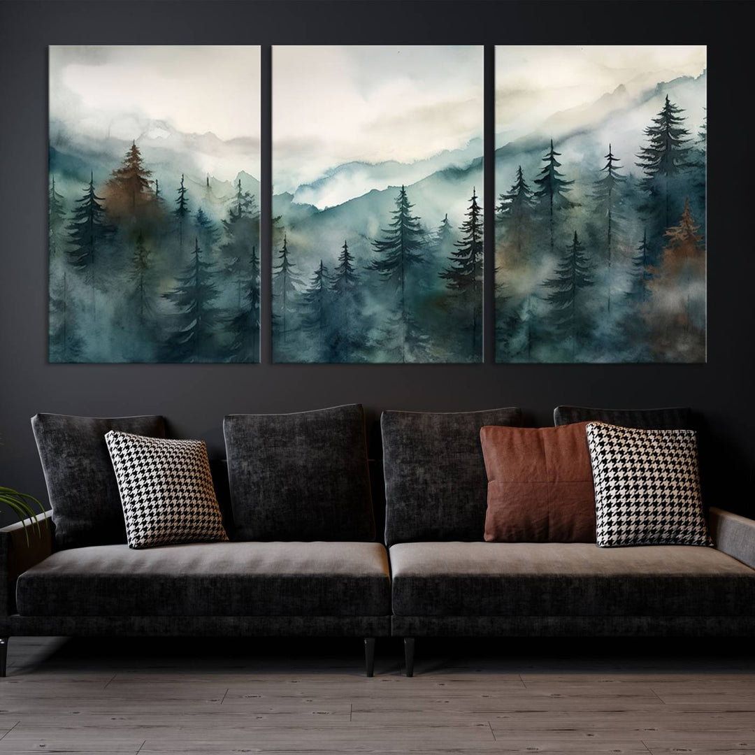 A set of Serenity Forest Wall Art Canvas prints, showcasing foggy mountain landscapes, is displayed in the living room.