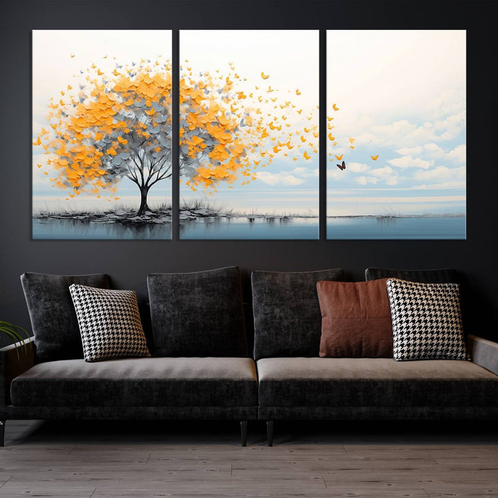 A Butterfly Tree Wall Art Canvas, featuring a modern tree adorned with yellow butterflies, decorates the wall.