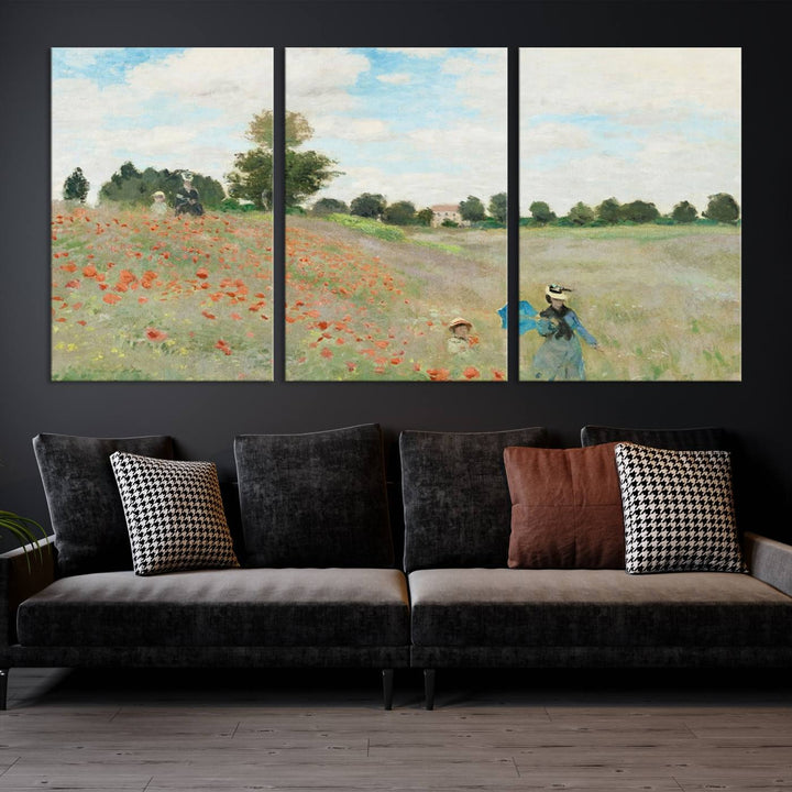 The Claude Monet The Poppy Field Canvas Print features a scene of a serene meadow with blooming flowers and a woman and child. It is printed on museum-quality canvas with UV-protective coating.