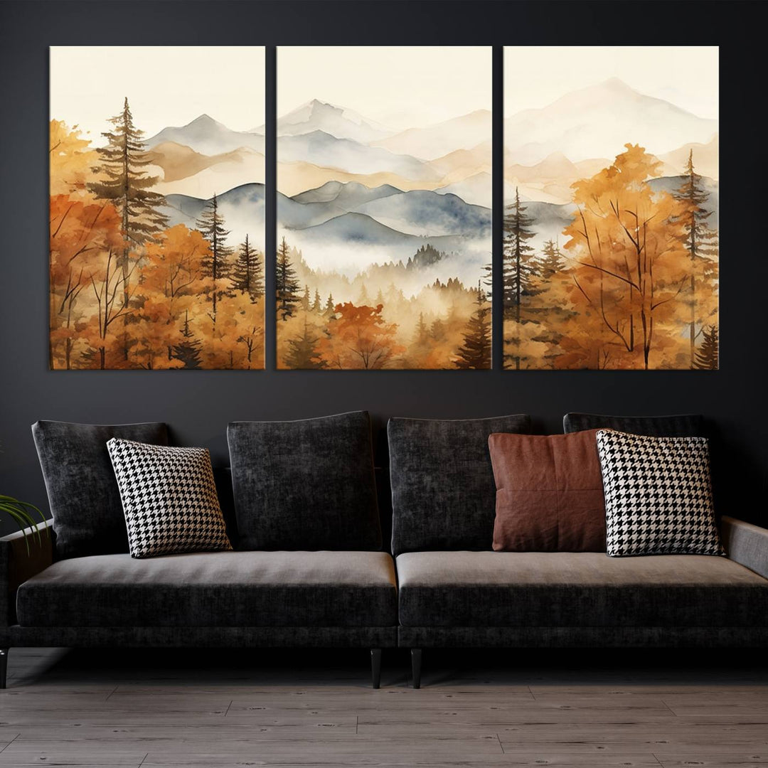 Abstract Mountain Mist Canvas Wall Art – Tranquil Autumn Forest and Misty Peaks - Ready to Hang