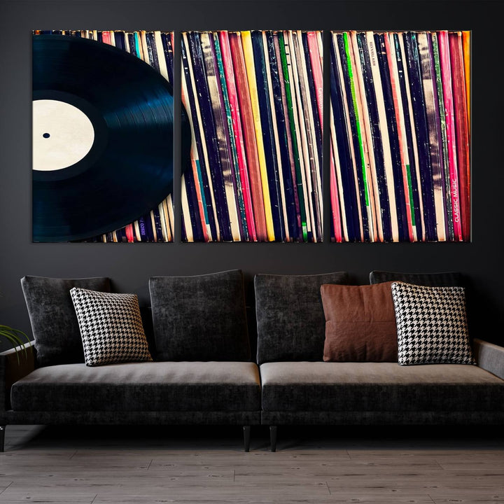 The room showcases the "Vinyl Record and Album Collection Canvas Wall Art," a perfect retro music decor piece for vintage vinyl lovers.