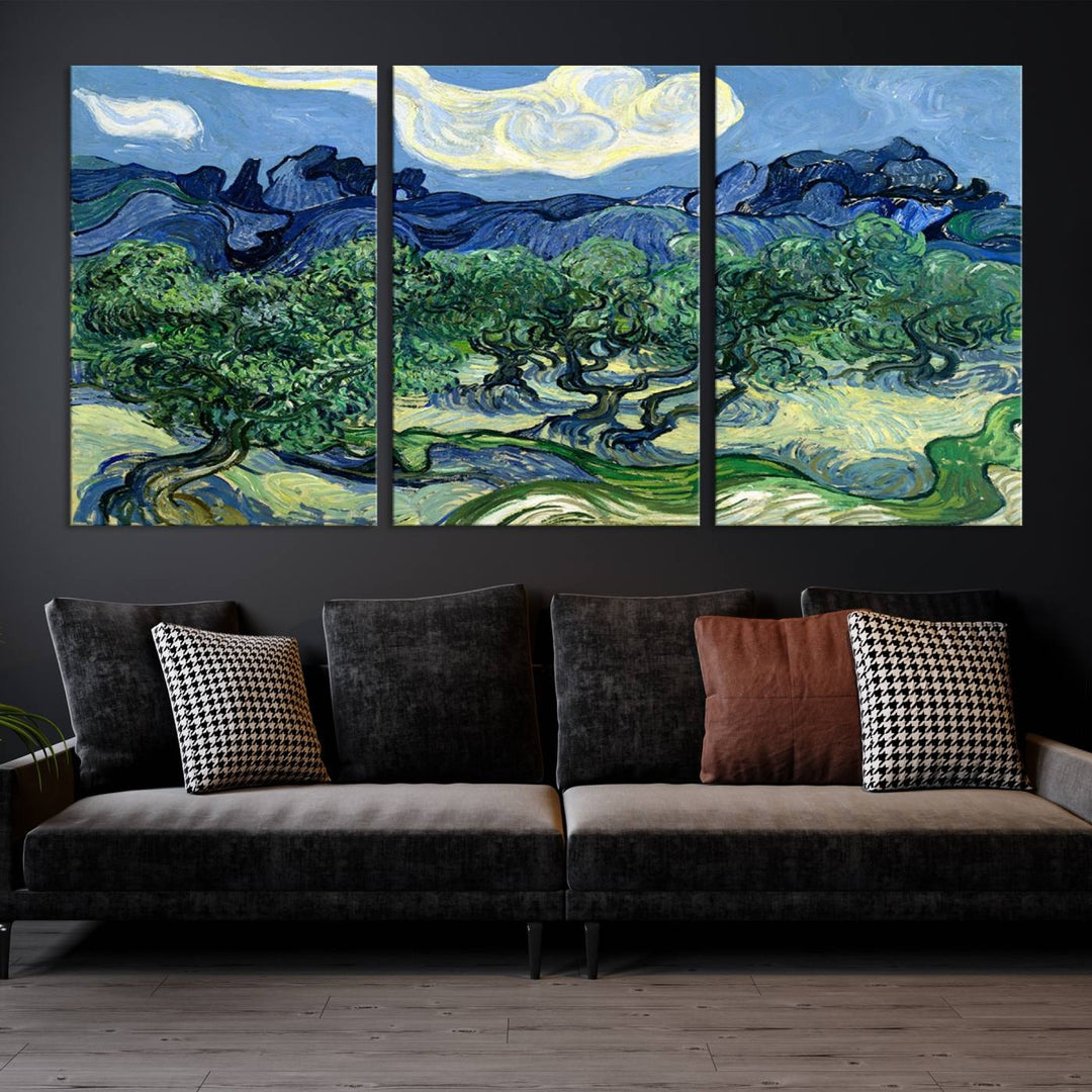 The Olive Trees Van Gogh Wall Art Canvas Print enhances the living room with its vivid landscape on museum-quality canvas, complete with a UV-protective coating.