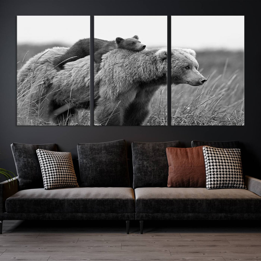 Baby Bear and Mom Bear Family Black & White Canvas Print Wall Art Canvas