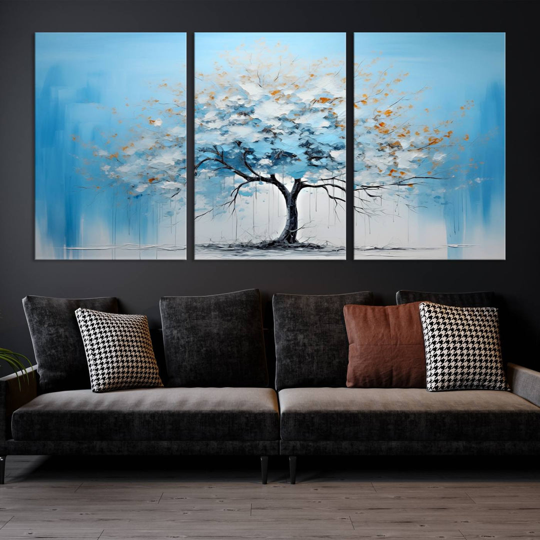 Modern living room featuring the Large Blue Abstract Tree Wall Art Canvas Printing. Enjoy the elegance with free shipping.