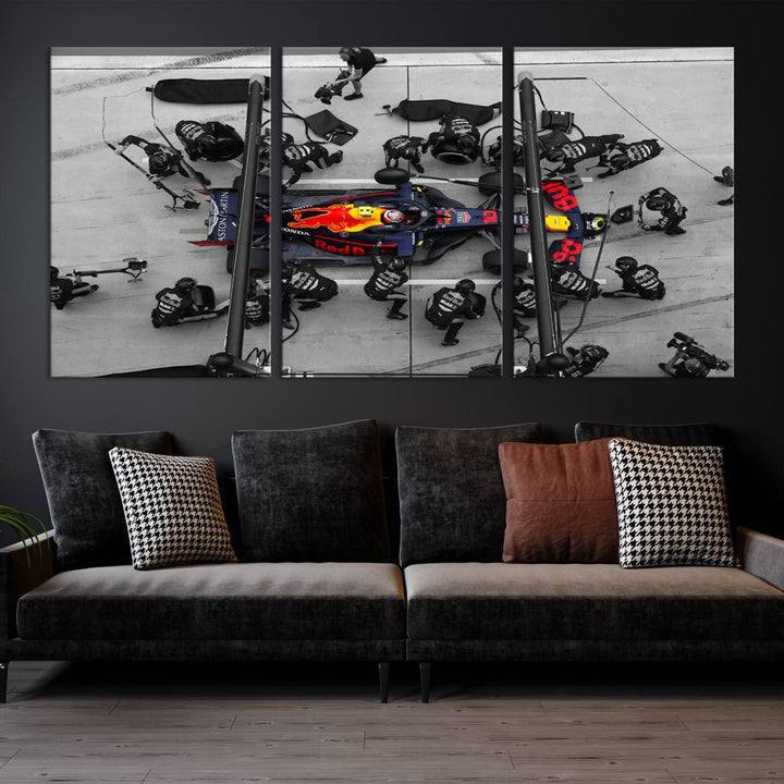 The RedBull Formula 1 Canvas Wall Art Print, a set of three gallery-quality pieces, elegantly adorns the wall.