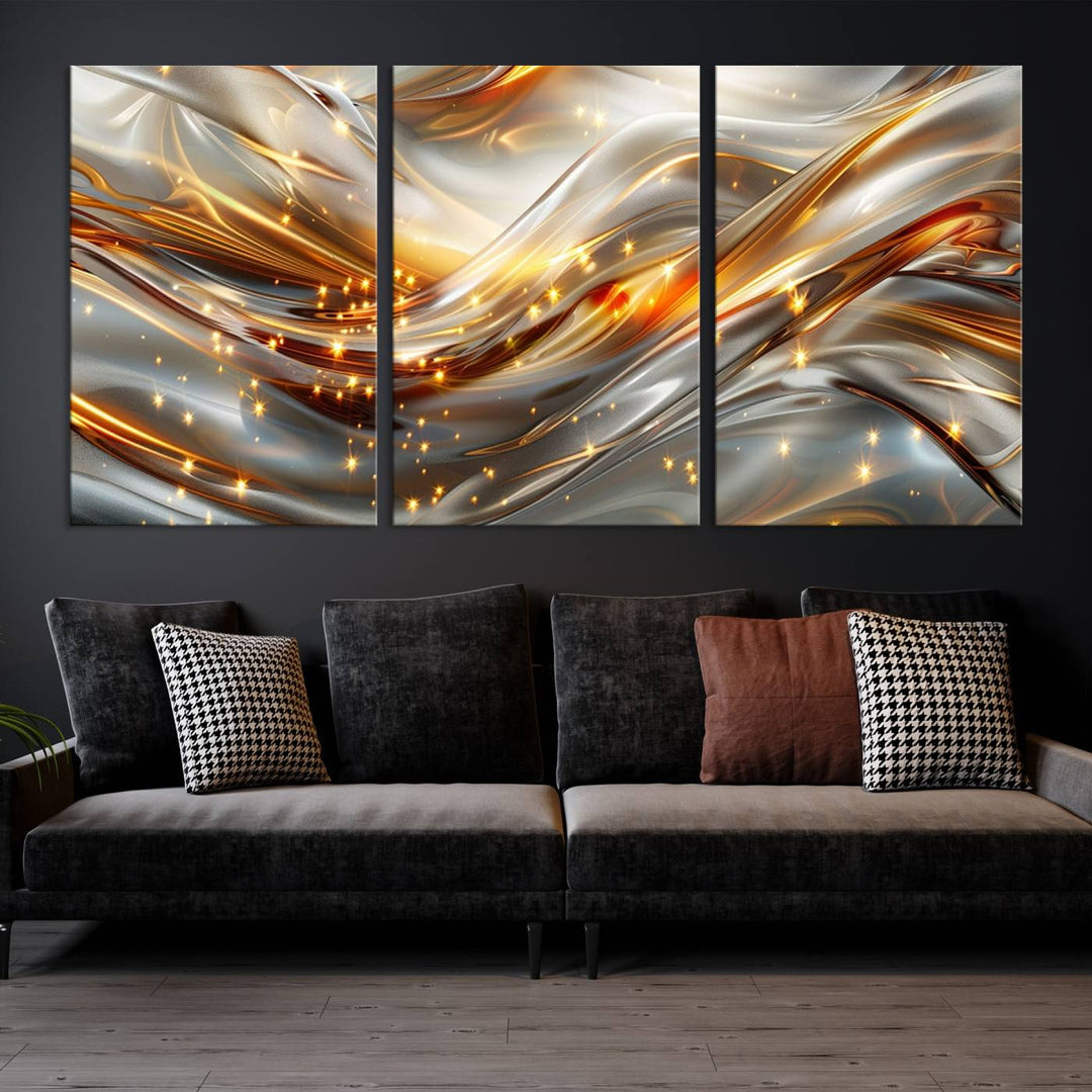 The Elegant Modern Gold Abstract Wall Art - Premium Framed Canvas Print for Home & Office Decor showcases a captivating triptych with swirling metallic designs and golden sparkles, perfectly enhancing contemporary interiors.