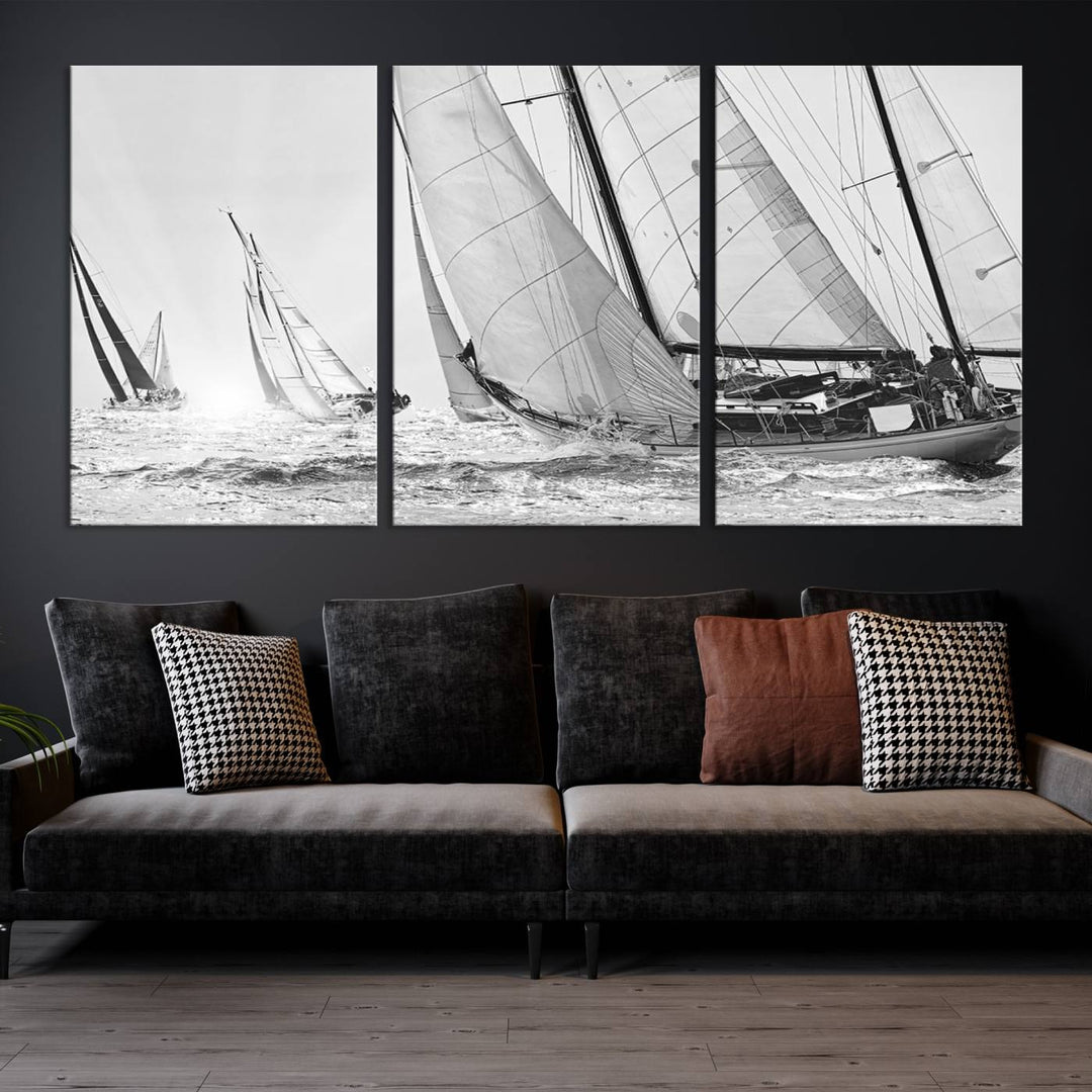 Impresión de velero Yacht Regatta lienzo pared arte Yate decoración de la pared Seascape Art Sailing Ship Negro Blanco extra grande arte de la pared Sailing Regatta