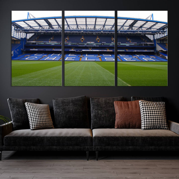 The Chelsea FC Soccer Team Print - Stamford Bridge Stadium Wall Art Canvas Print hangs elegantly, bringing the thrill of the game into your living room.