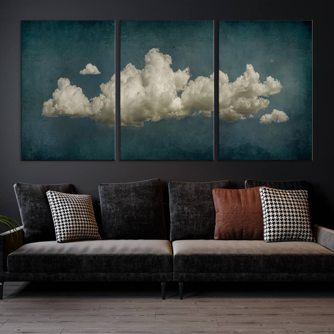 The Vintage Green Clouds Wall Art Canvas Print, set against a teal backdrop, showcases breathtaking canvas artwork with a gallery-quality finish.