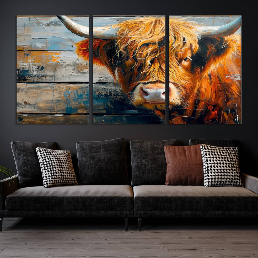 The Highland Cow Abstract Canvas Wall Art, a bold piece of farmhouse rustic decor, adds charm to the modern living room.