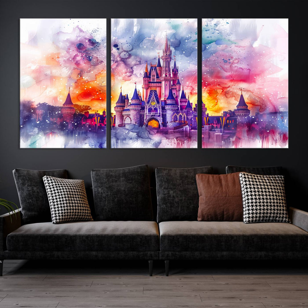 A vibrant piece of wall art depicting the Cinderella Castle from Disneyland, presented as a watercolor painting on premium canvas, is displayed.