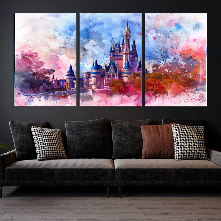 The Disney Wall Art: Dreamy Watercolor Cinderella Castle Canvas Print features a fairy-tale castle with vibrant pink, blue, and purple hues. Expertly handmade in the USA, this premium canvas wall art adds a touch of enchantment to any room.