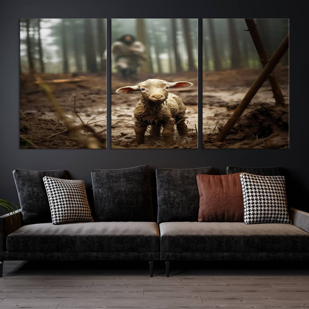 Jesus Running After a Lost Lamb Canvas Wall Art Print