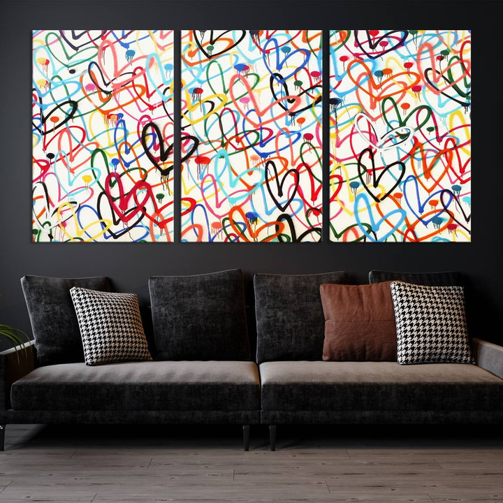 The "Colorful Love Canvas print," featuring vibrant abstract street art with overlapping loops, is handmade in the USA.