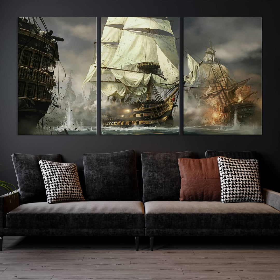 The Pirate Ship War Wall Art Canvas Print, featuring a stunning three-panel depiction of an intense sea battle with tall ships, boasts a gallery-quality finish that adds an elegant touch to its display.