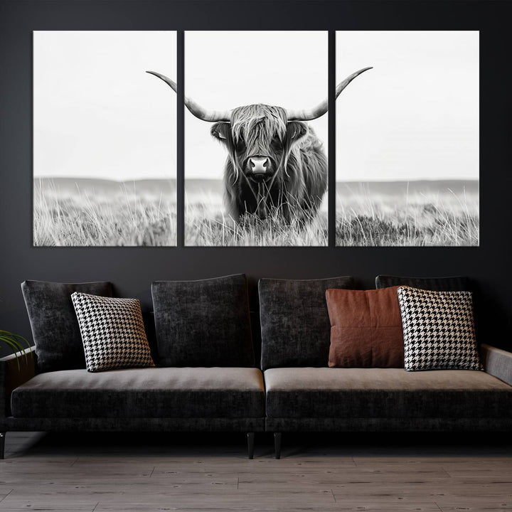 The living room is enhanced by a stunning three-panel Longhorn Wall Art Canvas Print. This museum-quality piece of Texas Longhorn Art comes on a gallery-wrapped canvas with a UV-protective coating to keep it vibrant under everyday light exposure.