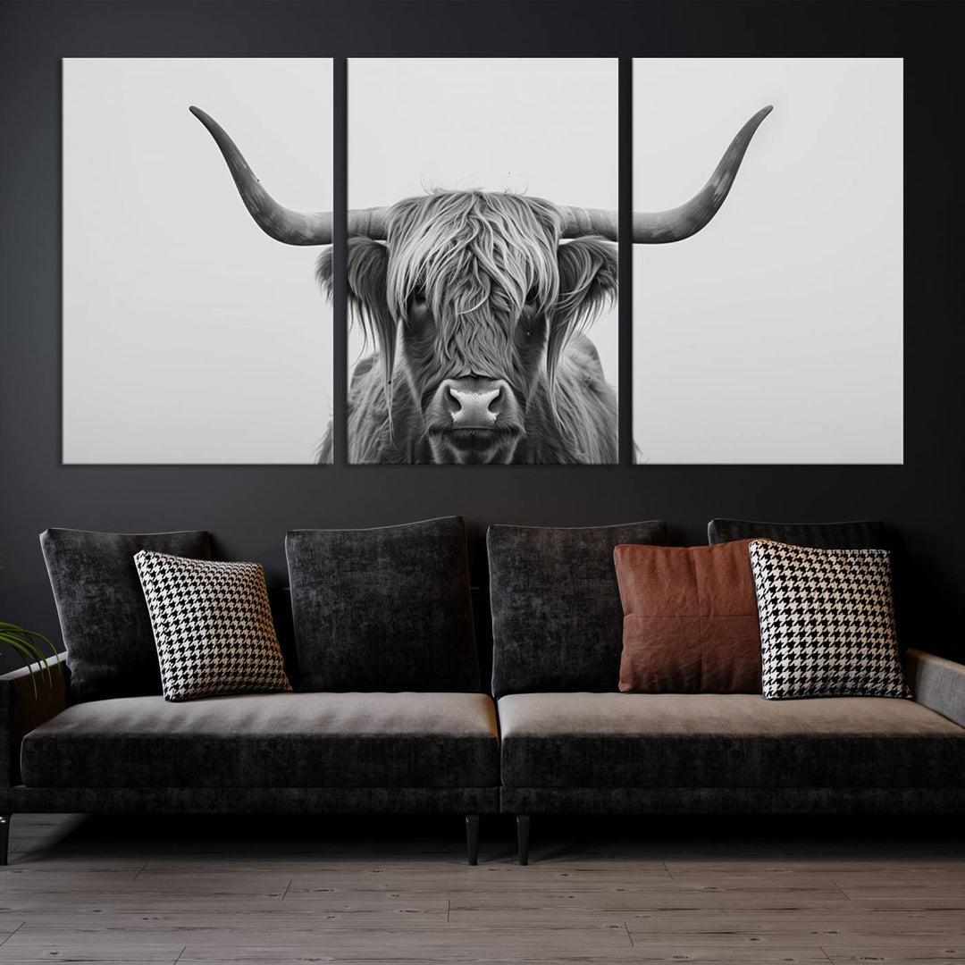 A triptych titled "Farmhouse Longhorn Wall Art Canvas Print, Longhorn Texas Wall Art Canvas Print," rendered in a gallery-quality finish, hangs prominently on the wall.