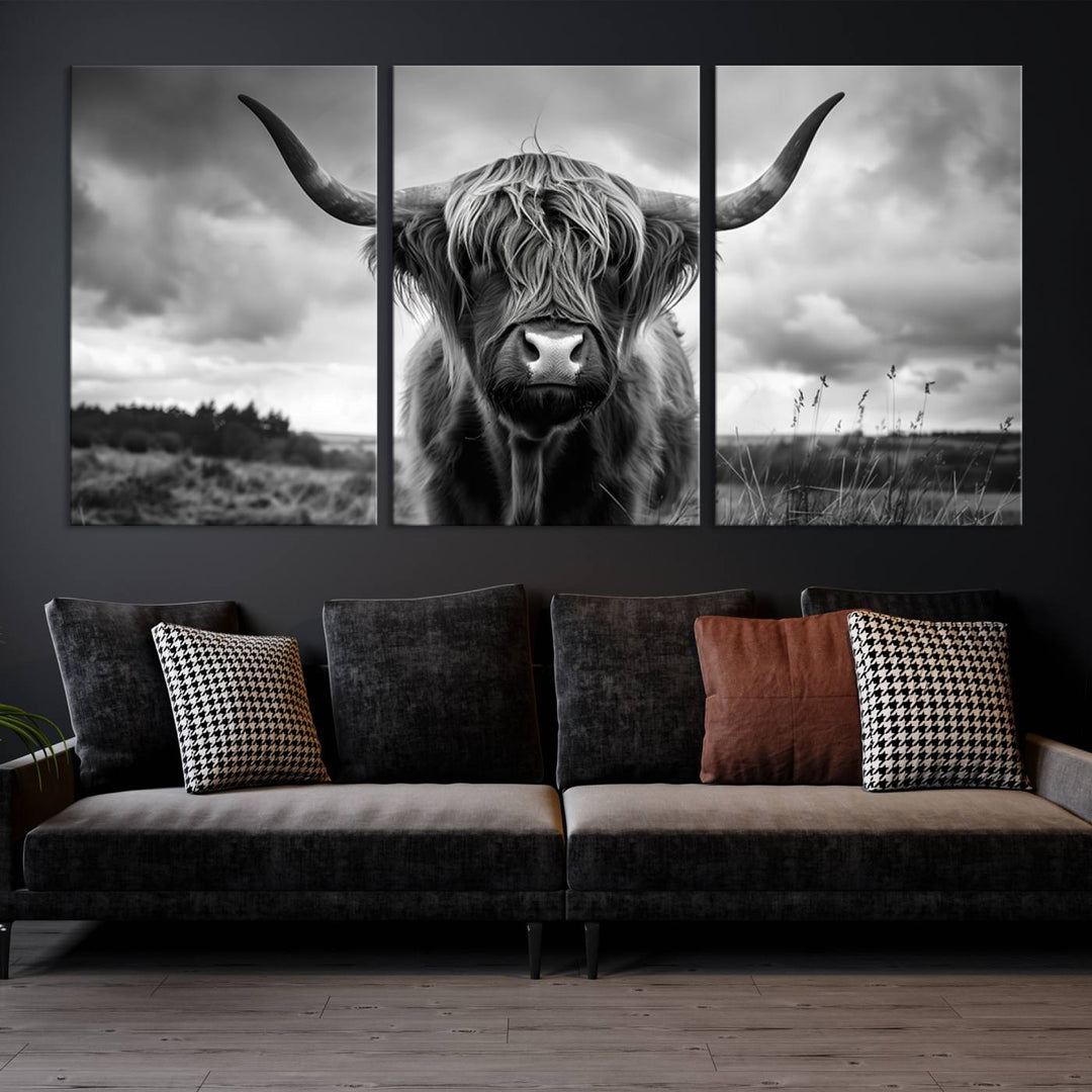 A stunning gallery-quality piece, the "Scottish Cow Wall Art Canvas Print | Longhorn Wall Art | Bighorn Animal Wall Art," depicts a Highland cow with long horns and shaggy fur. This captivating wall art elegantly enhances the space.