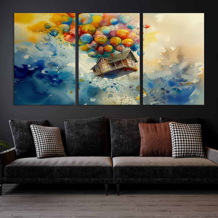 The Cartoon Movie Wall Art Canvas Print, featuring a vibrant house lifted by balloons and split across three panels, serves as captivating wall art. Handmade in the USA, it adds charm and whimsy to any space.