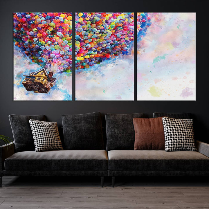 The "Watercolor Cartoon Movie Balloons Canvas Print" is showcased, depicting a whimsical house being lifted by colorful balloons. This triptych wall art is crafted on museum-quality canvases with a UV-protective coating to maintain its vibrant colors, making it ready to hang in any room.