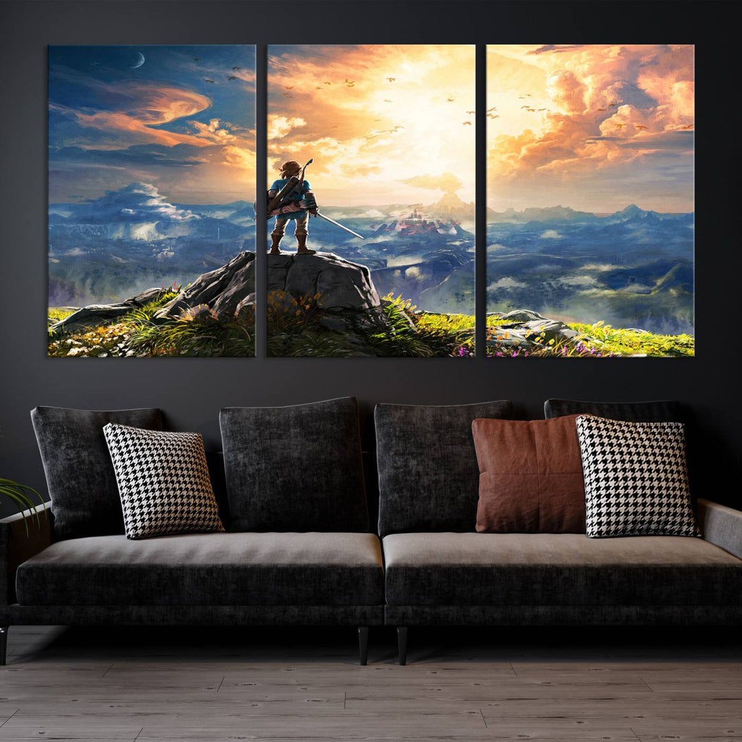 The Legend of Zelda Breath of the Wild Game Wall Art Canvas Print showcases a fantasy landscape with a character on a cliff, all rendered in gallery-quality finish on premium canvas.