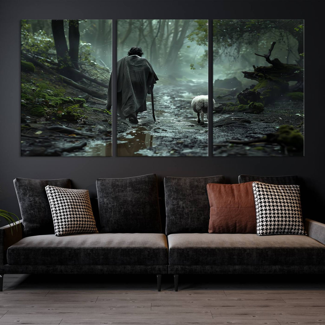 The "Forest Jesus Shepherd Canvas Wall Art" features a person with a cane, clothed in a cloak, walking beside a sheep through a misty forest. This piece captures tranquility and is ideal for adding serenity to your living room, office, or bedroom decor.