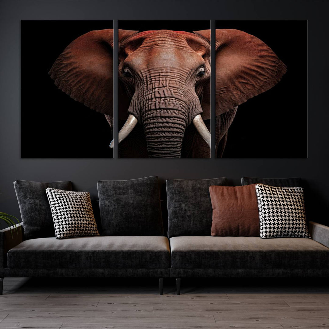 A stunning triptych titled "Wild Elephant Wall Art Canvas Print" beautifully enhances the wall above a contemporary living room. This Africa Savannah Wild Animal Wall Decor Print is of museum-quality, complete with a UV-protective coating to ensure its vibrancy and beauty are preserved for years.