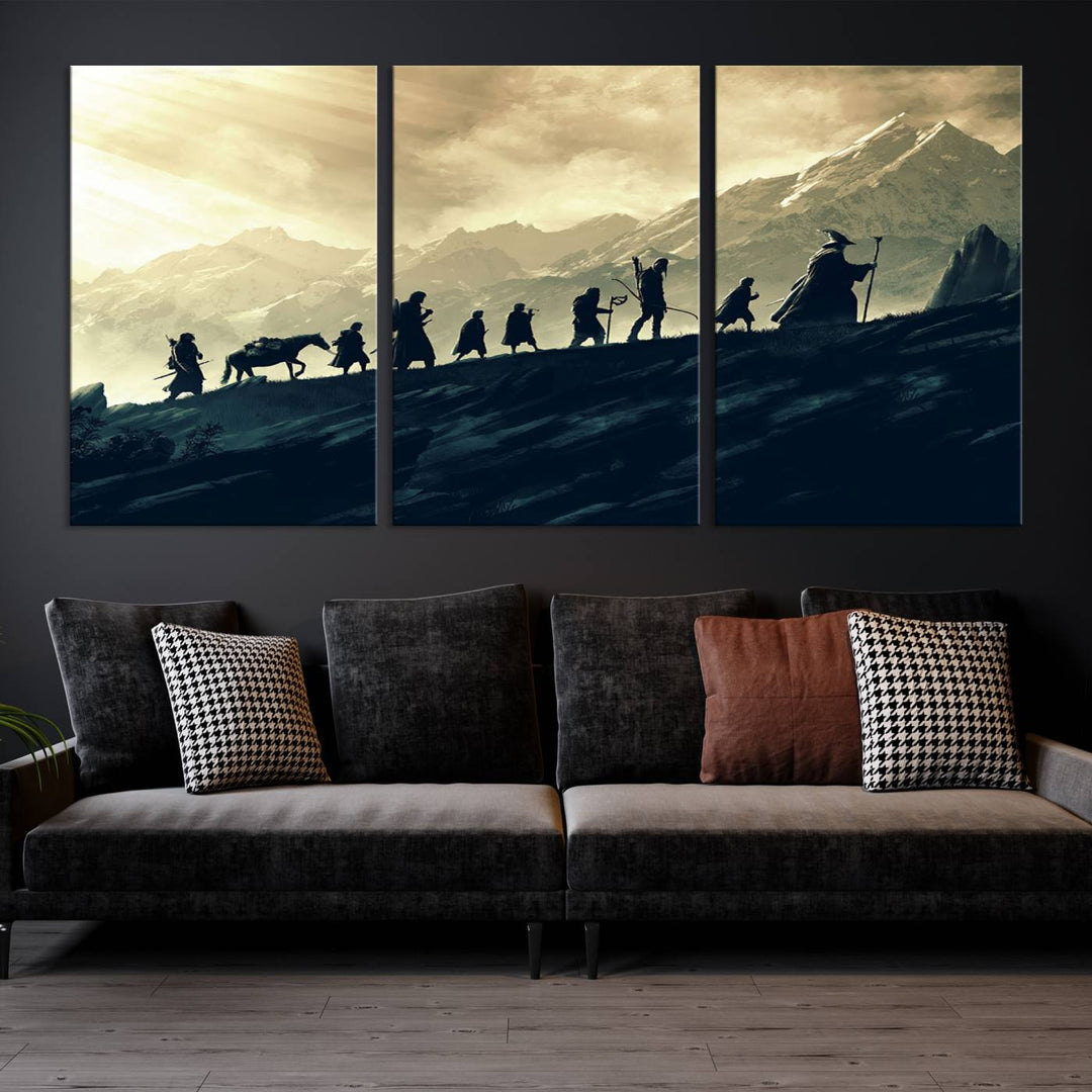 A canvas print titled "Lord of the Rings Silhouette Wall Art Capturing the Epic Quest Through Middle-Earth - The Fellowship's Journey" is displayed.