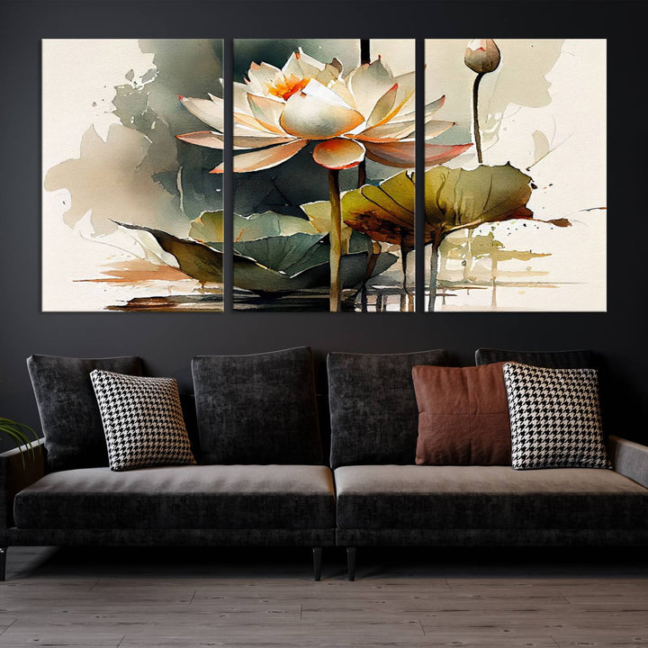 The Lotus Flower Watercolor Canvas Print, a contemporary wall art piece symbolizing serenity and growth with its soft watercolors, adorns the wall.