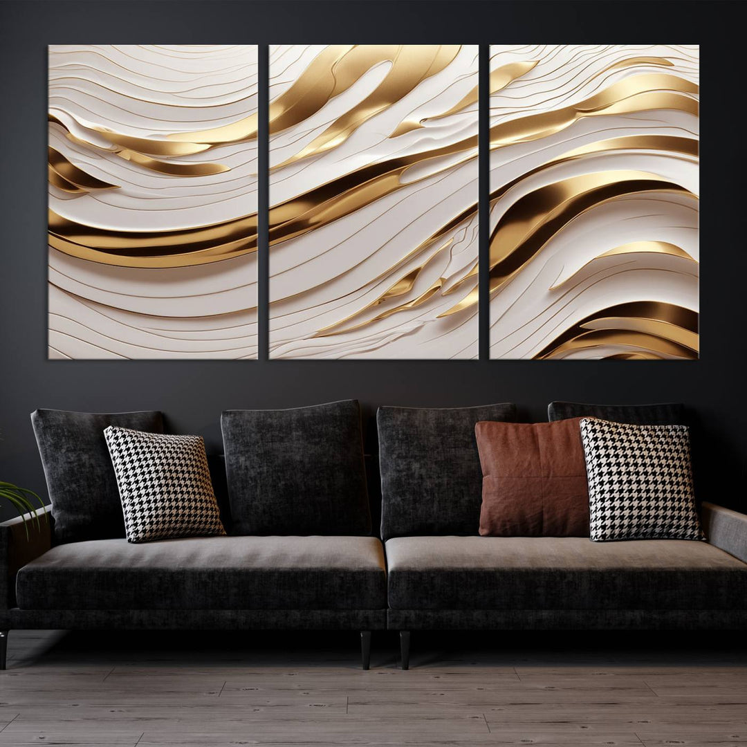 The "Gold and White Abstract Wave Canvas – Elegant Flowing Design with Luxurious Golden Accents" beautifully enhances the area and creates a stunning focal point in the room.