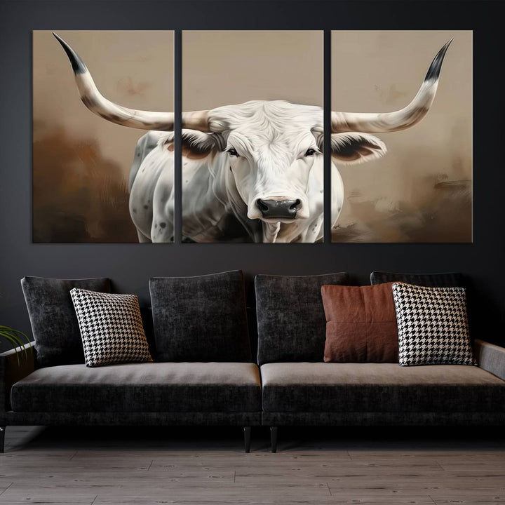 Texas Longhorn Canvas Wall Art features a triptych design on premium canvas with a gallery-quality finish.