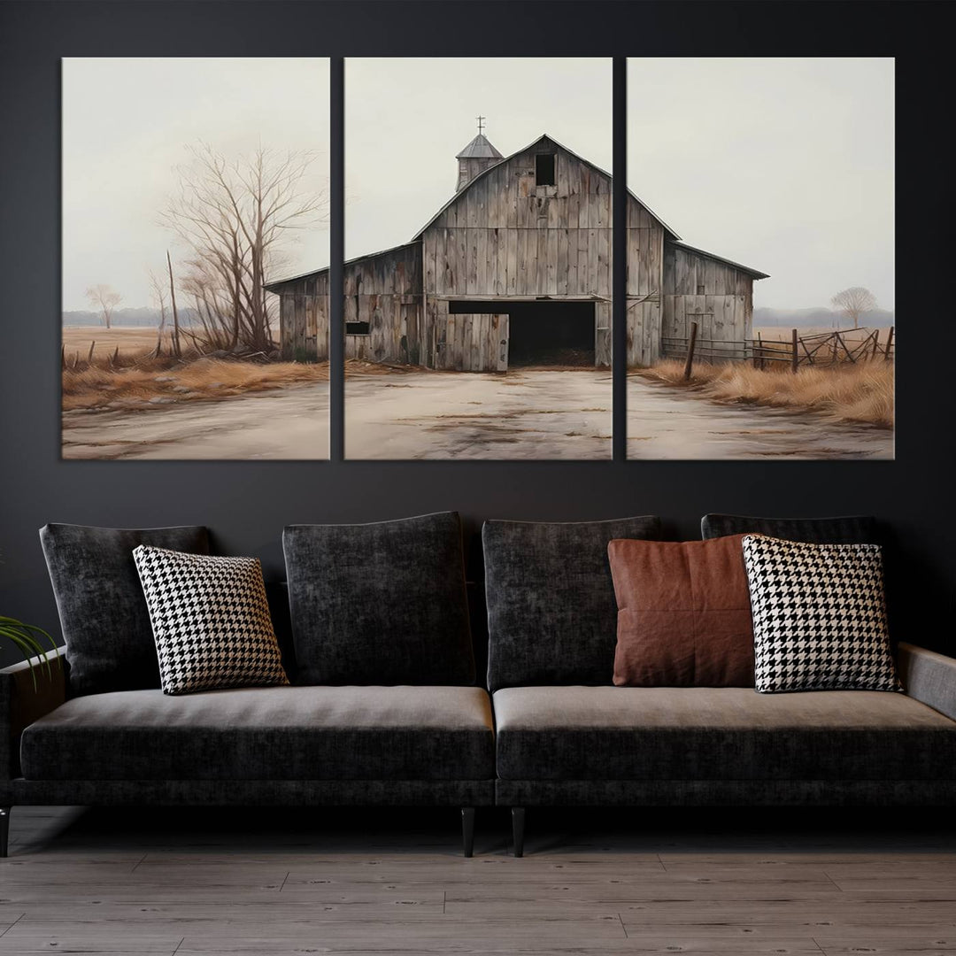 A framed and ready-to-hang Farmhouse Rustic Barn Wall Art Canvas Print is displayed against a gray wall. This stylish modern living room seamlessly combines rural life wall décor with contemporary comfort.